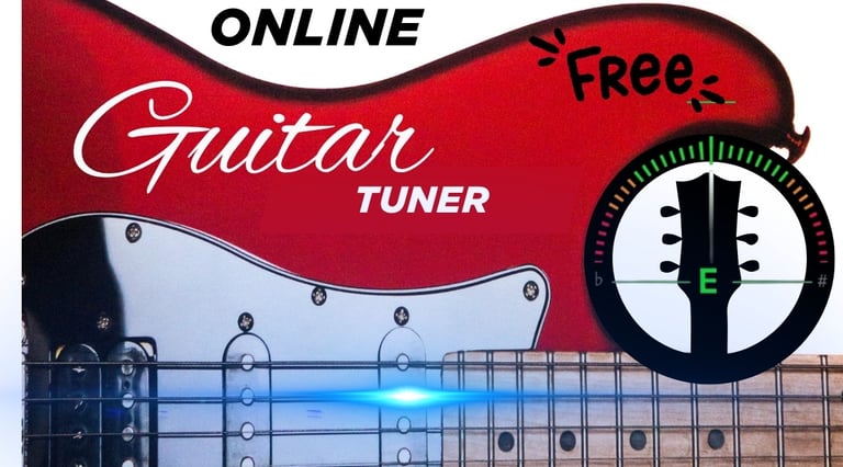 Free online guitar tuner interface featuring a red electric guitar and a digital chromatic tuning meter.
