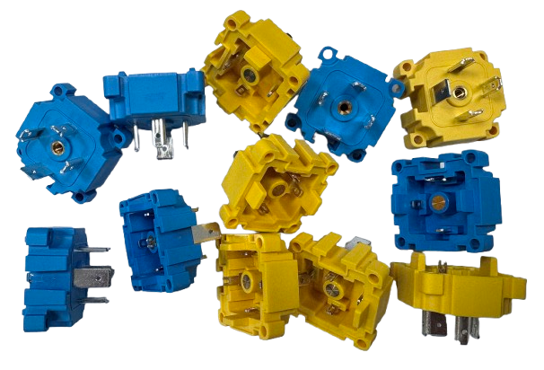 a bunch of yellow and blue electrical plugged in a group of blue and yellow
