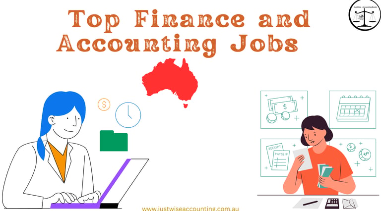 Image description: A graphic illustrating finance and accounting jobs, featuring two women working o