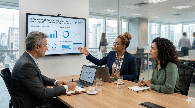 Consultores em reunião analisando gráficos de estratégia em escritório moderno