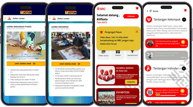 Engagement features interface showing live leaderboards, reward redemption vouchers, QR validation,