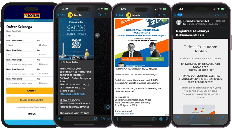 Event gamification mobile app UI features including single registration, family accounts, event agen