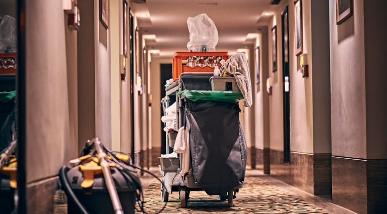 a cleaning machine in a hallway with a trash canister