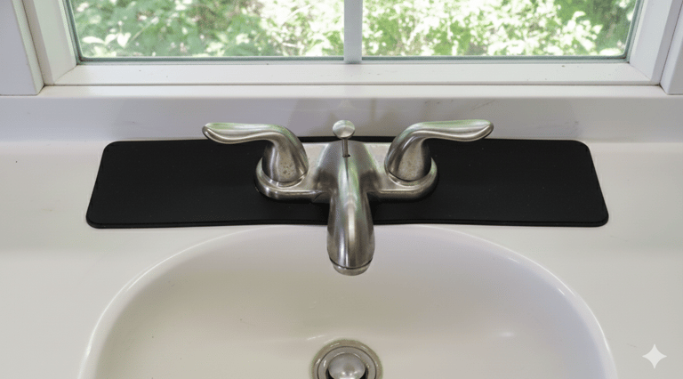 Bathroom faucet mat with radius base plate cut out.