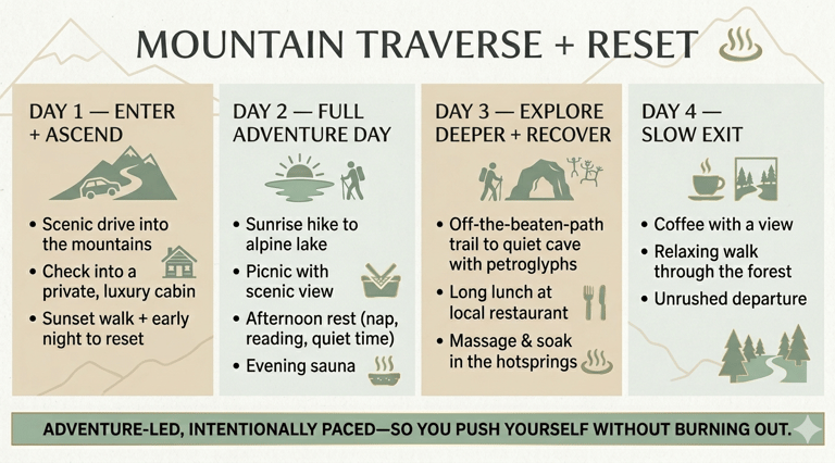 Four-day mountain traverse and wellness retreat itinerary featuring hiking, luxury cabins, and hot springs.
