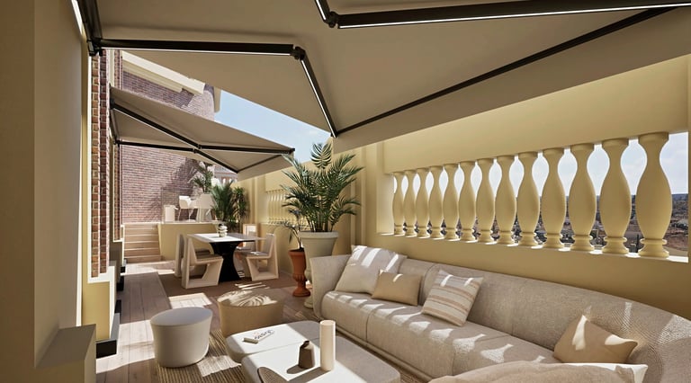 Render 3D de azotea con toldos retráctiles, sofá modular y vegetación