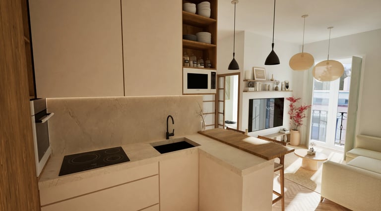 Render 3D cocina en L con encimera clara integrada en zona de estar