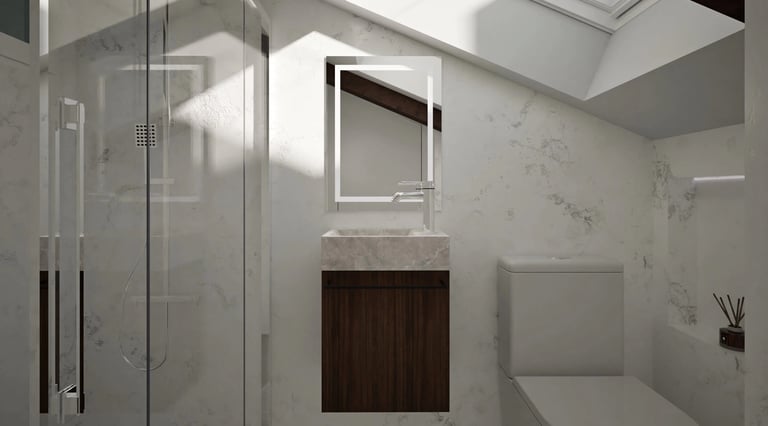 Render 3D de baño abuhardillado con ducha y luz cenital