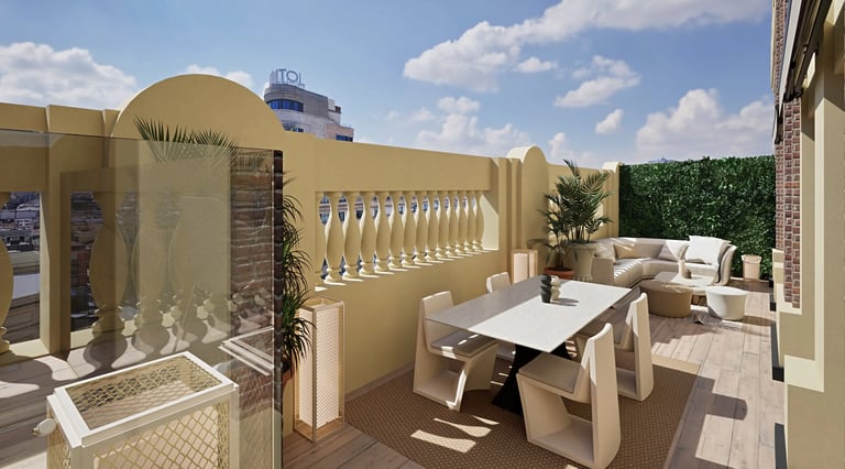 Render 3D de terraza con mesa comedor y balaustrada amarilla en Madrid