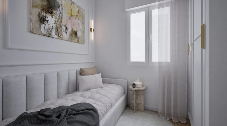 Render 3D de dormitorio secundario con cama individual tapizada y luz natural suave.