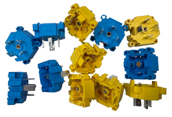 a bunch of yellow and blue electrical plugged in a group of blue and yellow