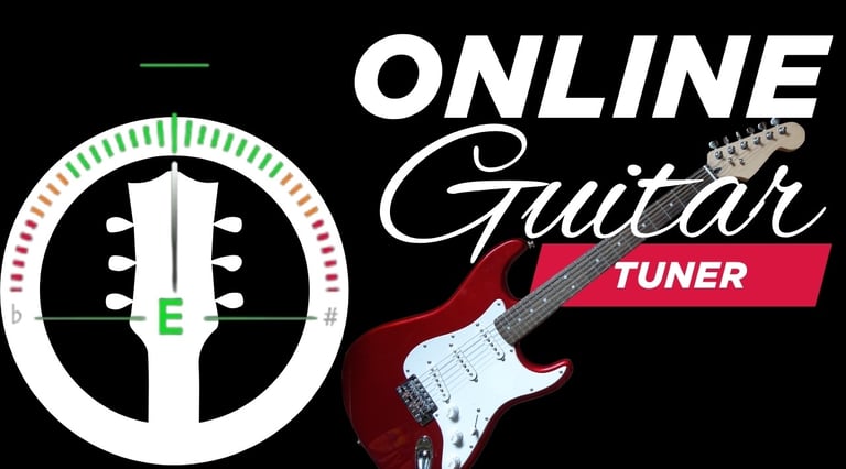 Online guitar tuner interface with a red electric guitar and a digital tuning display.