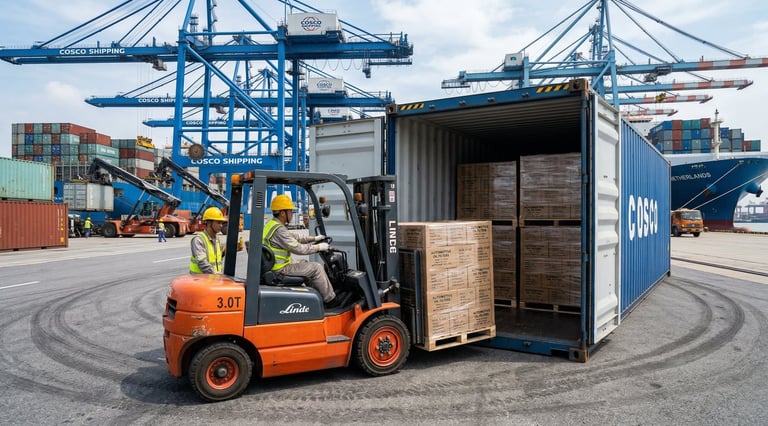 Industrial shipping container being loaded with pallets of automotive oil filters at Chinese port