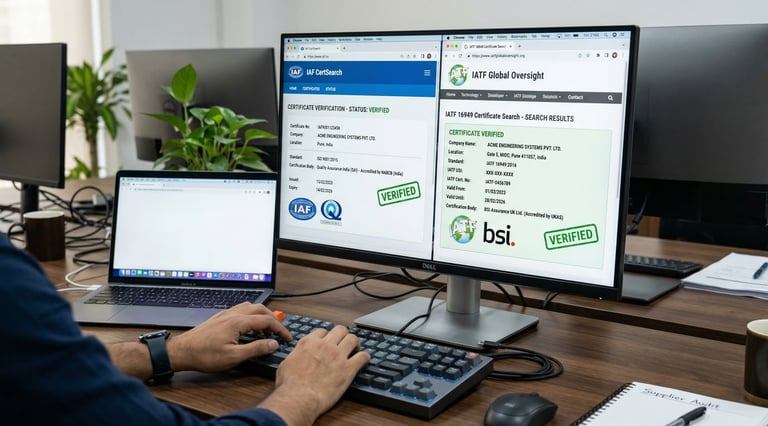 Computer screen displaying online certificate verification process on IAF and IATF official databases