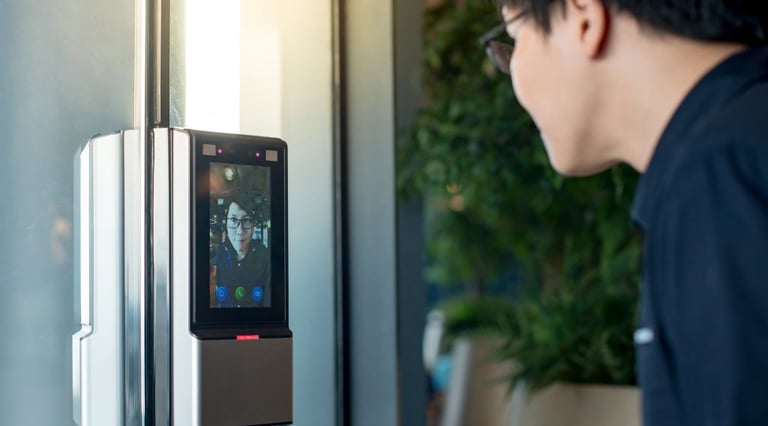 A person using a facial recognition access control system on a glass door for biometric security.