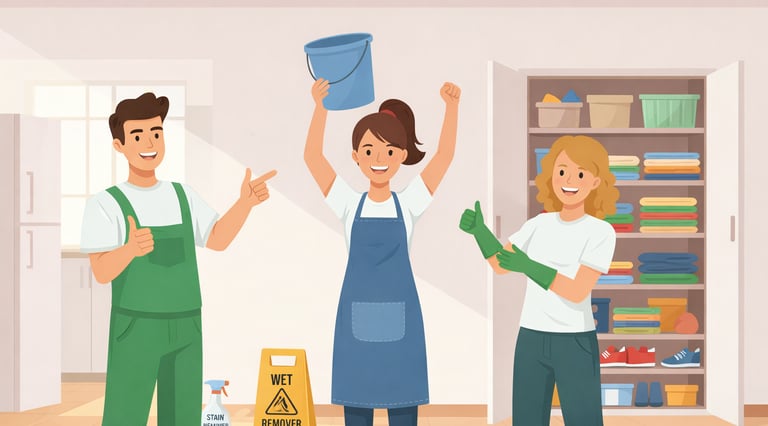 Equipo de limpieza celebrando juntos en una habitación limpia.