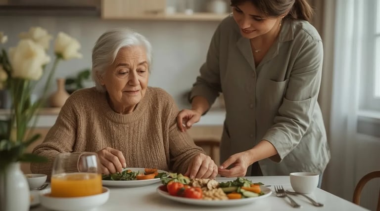 Ältere Person sitzt an einem Esstisch mit einer nahrhaften Mahlzeit, unterstützt von einer Angehörigen