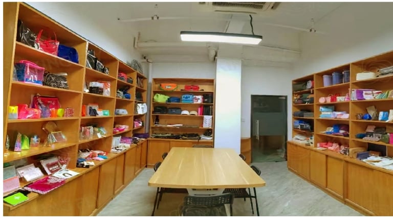 King Fly's extensive sample room, showcasing 28+ years of custom bag designs.