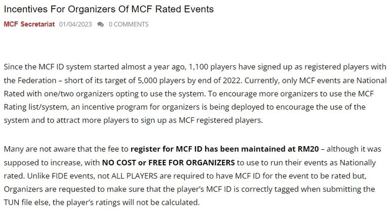 Incentives For Organizers Of MCF Rated Events. Malaysian Chess Federation. Malaysia Chess. 