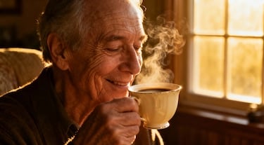 Ältere Person riecht an einer Tasse frisch gebrühtem Kaffee