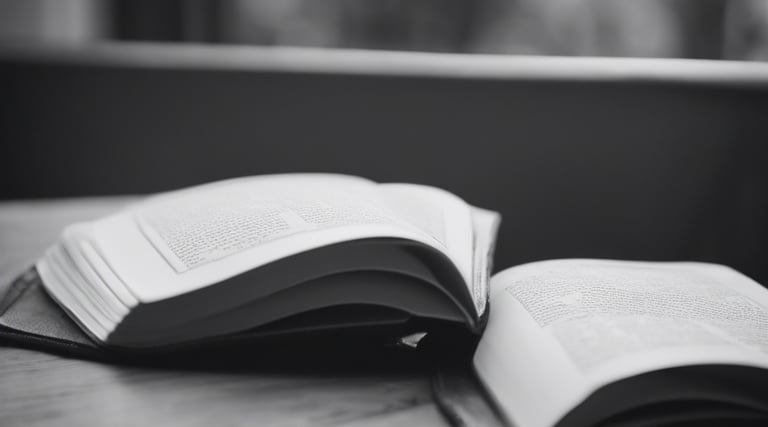 Black and white image of a book on a table