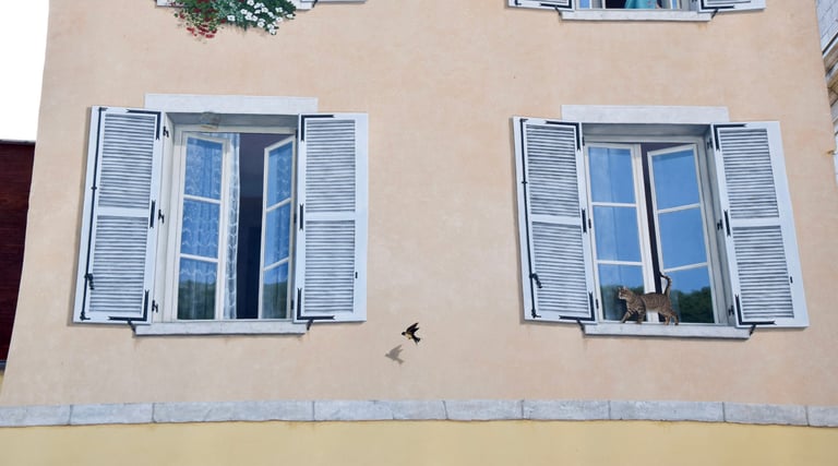 Deux fenêtres d'un étage en trompe-l'oeil sur une façade à Moirans-en-Montagne, dans le Jura.