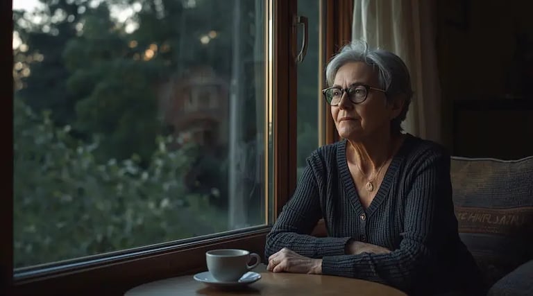 Angehörige einer Person mit Demenz in ruhigem Moment der Selbstreflexion über Schuldgefühle und Selbstfürsorge