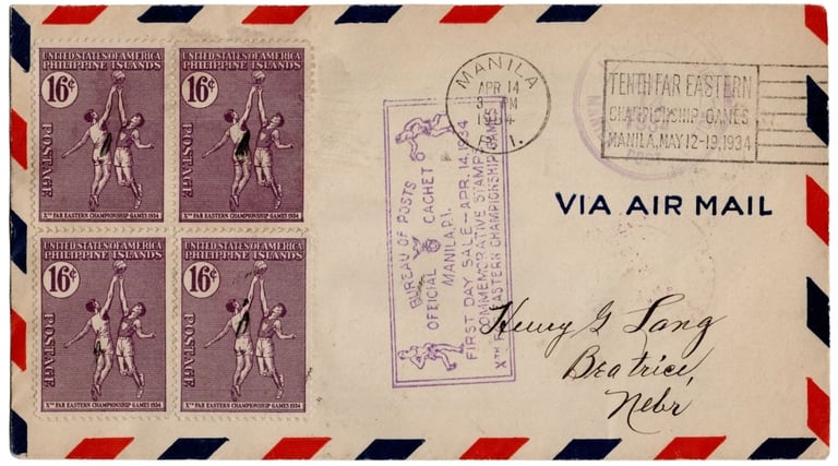 1934 envelope Phillipines First Day Cover featuring the first ever basketball stamp for the eastern 