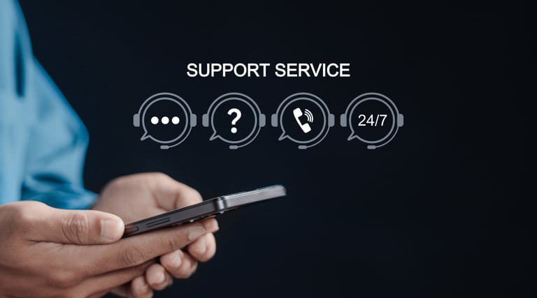 Customer support service icons for chat and phone help displayed over a person using a smartphone.
