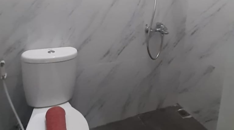 Modern bathroom with white marble walls, a white toilet, and a handheld shower head.