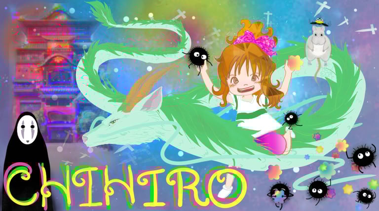 Spirited Away fan art of Chihiro riding Haku the dragon with No-Face and soot sprites.