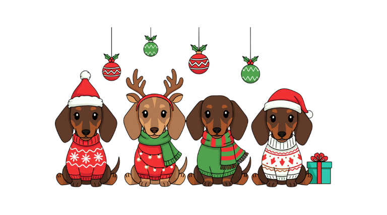 three dogs dressed in christmas attire, including a reindeer