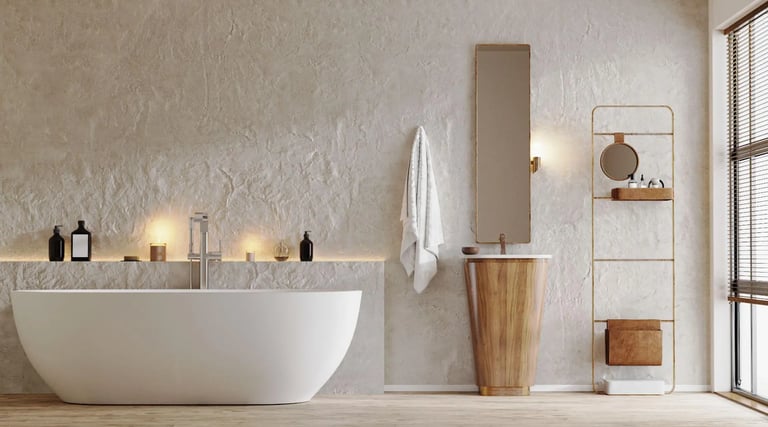 a bathroom with a bathtub and a wooden table