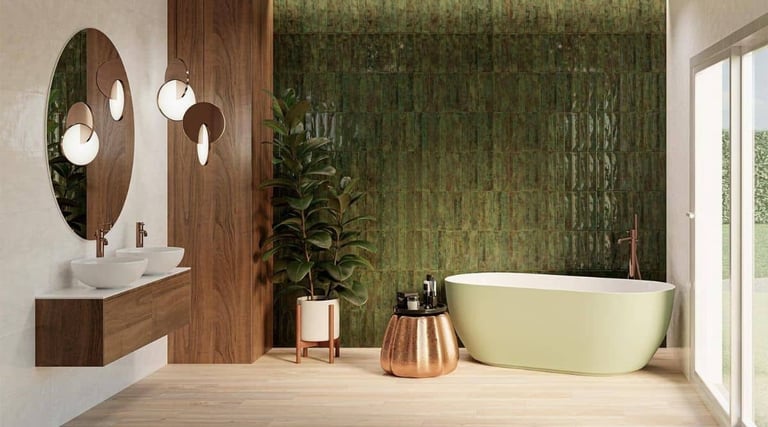 a bathroom with a tub tub and a bamboo mat