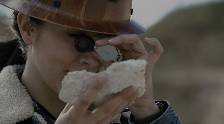 A woman with a brown helmet inspects a white stone using a magnifying glass.