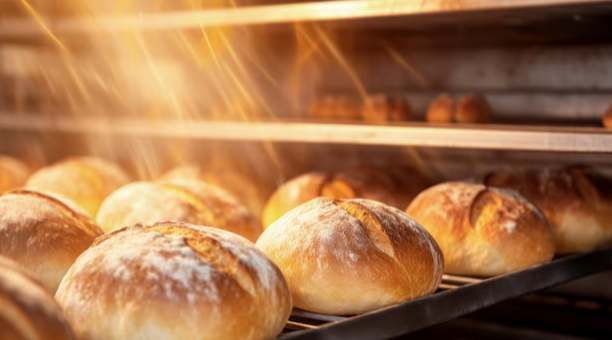 Barras de pan de masa madre recién horneadas enfriándose sobre rejillas metálicas dentro de un horno