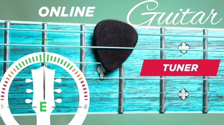 Digital online guitar tuner interface showing an E note on a fretboard with a black plectrum.