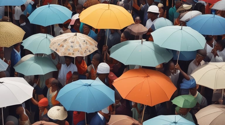 a crowd of people standing around a group of umbrellas