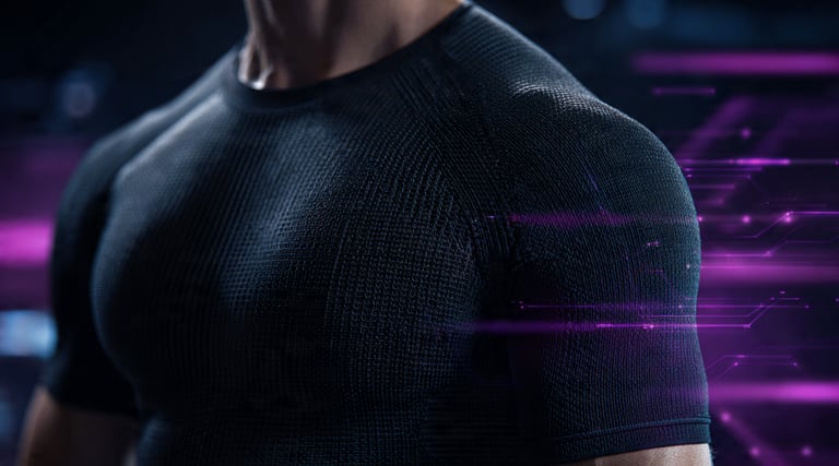 Atleta com camiseta preta de compressão em academia futurista com luzes neon.