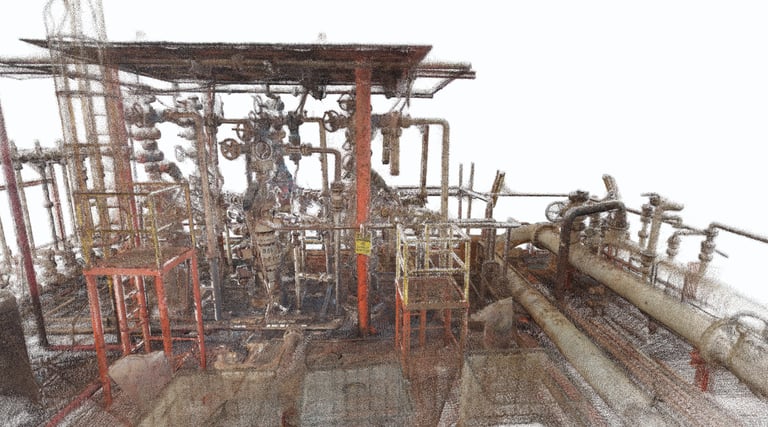 Industrial 3D laser scan point cloud of complex oil and gas piping and facility infrastructure.