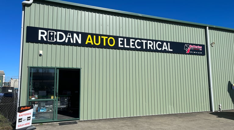 Signage on the front of our purpose-built auto-electrical workshop, parts and battery store.