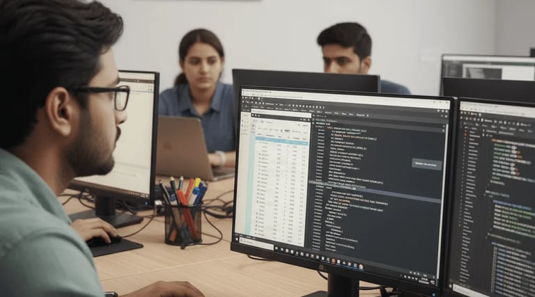 Students working on C++ programming tasks using desktop computers.