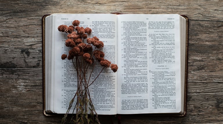 a bible with dried flowers on it