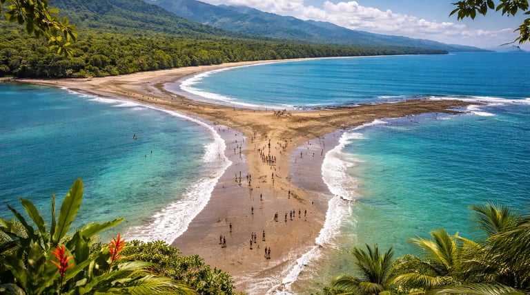 Aerial view of Marino Ballena’s Whale Tail sandbar at low tide, with turquoise water, jungle coastline, and mountains behind.