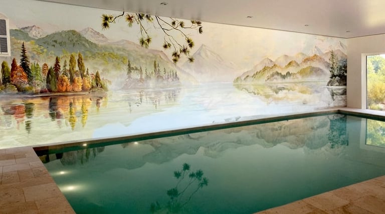Hand-painted New Zealand lake mural evoking serenity in a luxury spa setting.