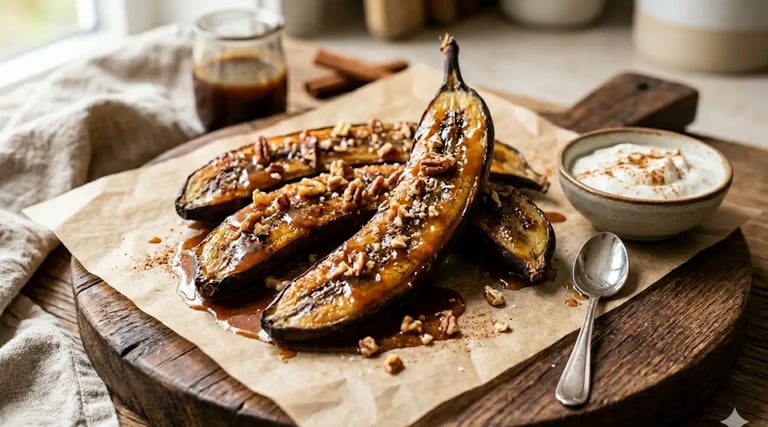 Bananas assadas caramelizadas com nozes-pecã e xarope de bordo servidas sobre uma tábua rústica 