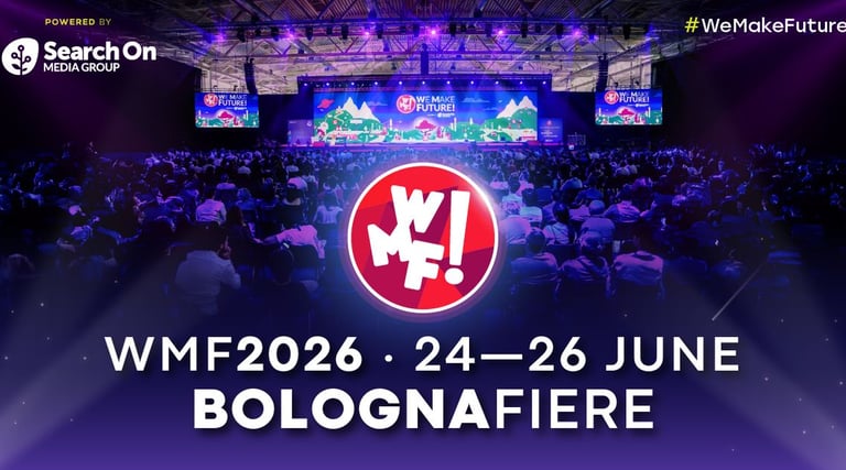 Crowd attending WMF 2026 digital innovation festival at BolognaFiere in Italy.