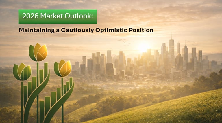 2026 Market Outlook - City skyline under the golden hour sun with tulips unified