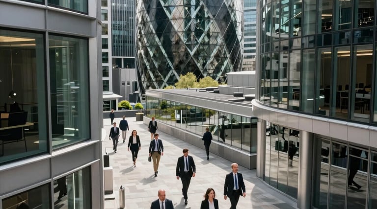 A professional high-angle shot of a modern financial district in London, featuring clean glass architecture and professionals in business attire walking with purpose, bright daylight, reflecting a mood of elite financial expertise and trust.