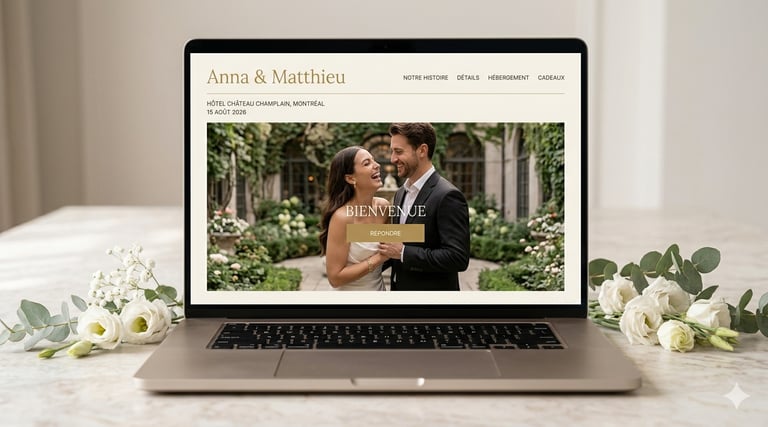 Custom wedding website design displayed on a laptop with white floral decorations.